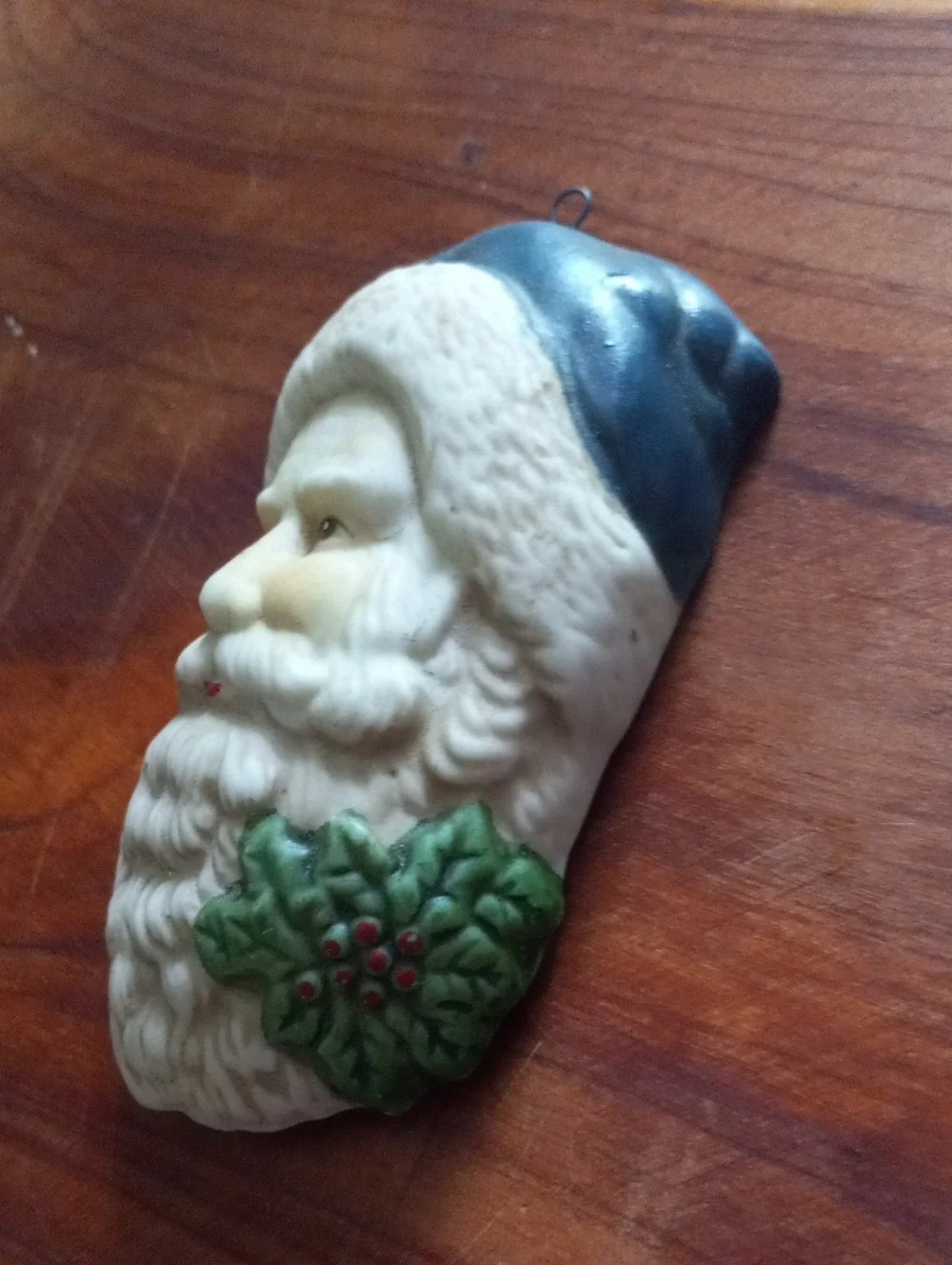 Vtg Santa Claus Ceramic Ornament Blue Hat Holly Accent